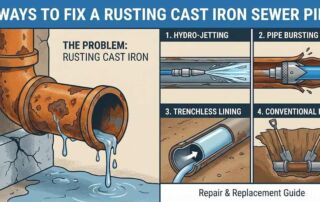 Diagram illustrating 4 ways to fix a rusting and leaking cast iron sewer pipe: hydro-jetting, pipe bursting, trenchless lining, and conventional repair.