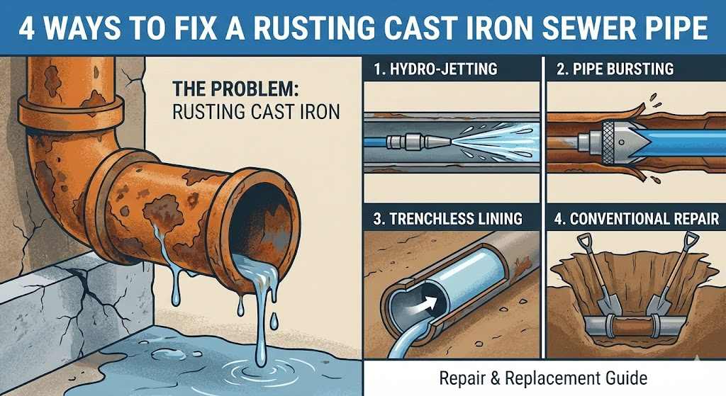Diagram illustrating 4 ways to fix a rusting and leaking cast iron sewer pipe: hydro-jetting, pipe bursting, trenchless lining, and conventional repair.