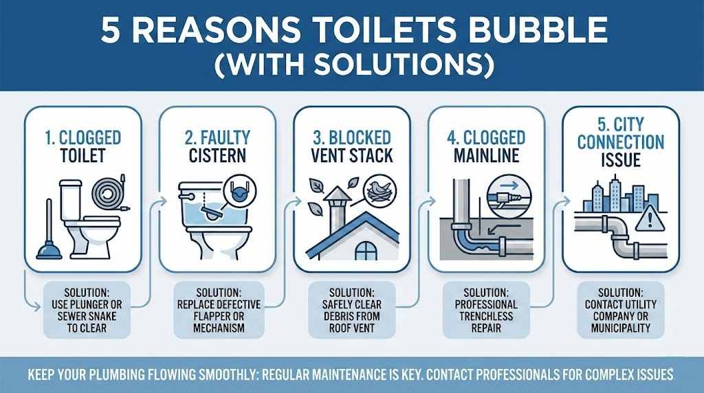 Infographic displaying 5 reasons toilets bubble with step-by-step solutions, covering clogged toilets, blocked vent stacks, and sewer line issues.