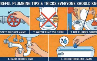 An illustration summarizing 5 useful plumbing tips for homeowners, such as locating the main water shut-off valve, preventing clogs by watching what you flush, using a plunger correctly, hand-tightening fittings, and checking for silent toilet leaks.