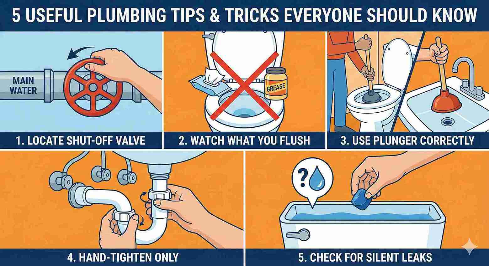 An illustration summarizing 5 useful plumbing tips for homeowners, such as locating the main water shut-off valve, preventing clogs by watching what you flush, using a plunger correctly, hand-tightening fittings, and checking for silent toilet leaks.