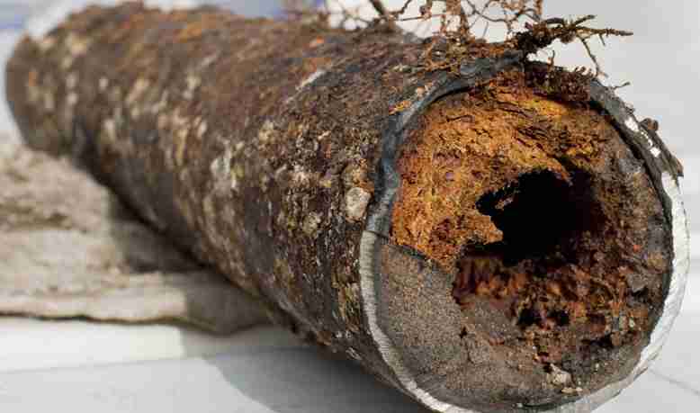 A severely corroded and rusted cast iron sewer pipe segment is shown with significant build-up and a large hole on the inside. Tree roots are visible growing around and into the pipe from the outside, highlighting common causes of sewer line damage.