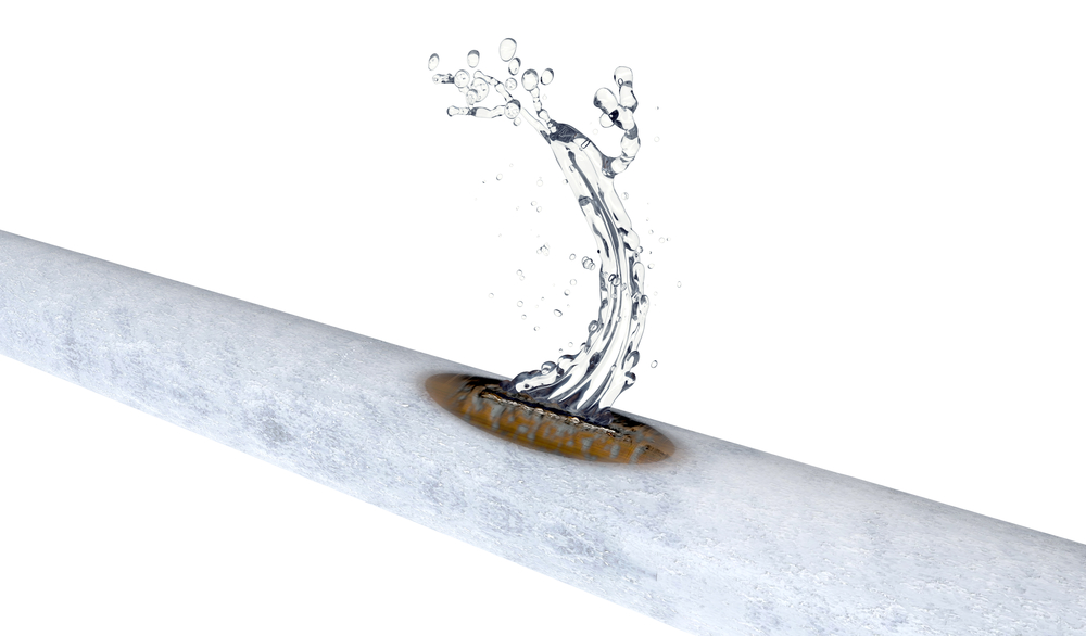 bursted frozen copper pipe with water leaking out, 3d illustration