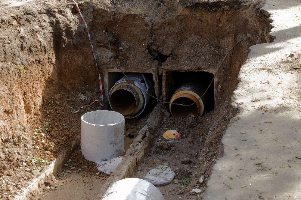 exposed buried sewer pipes.