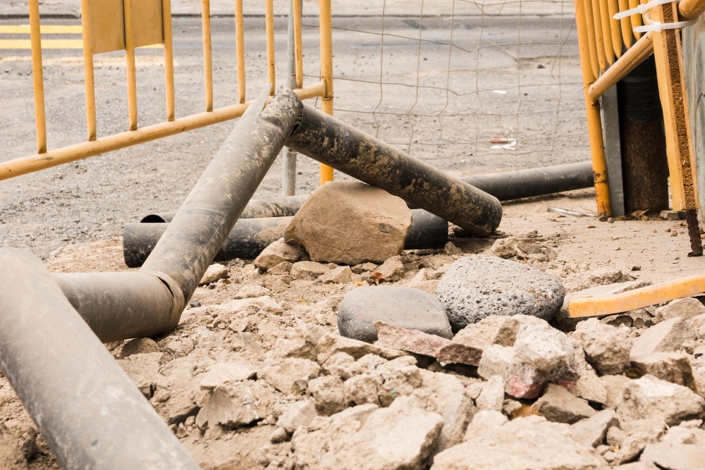 Broken sewer pipes and rubble at a construction site.