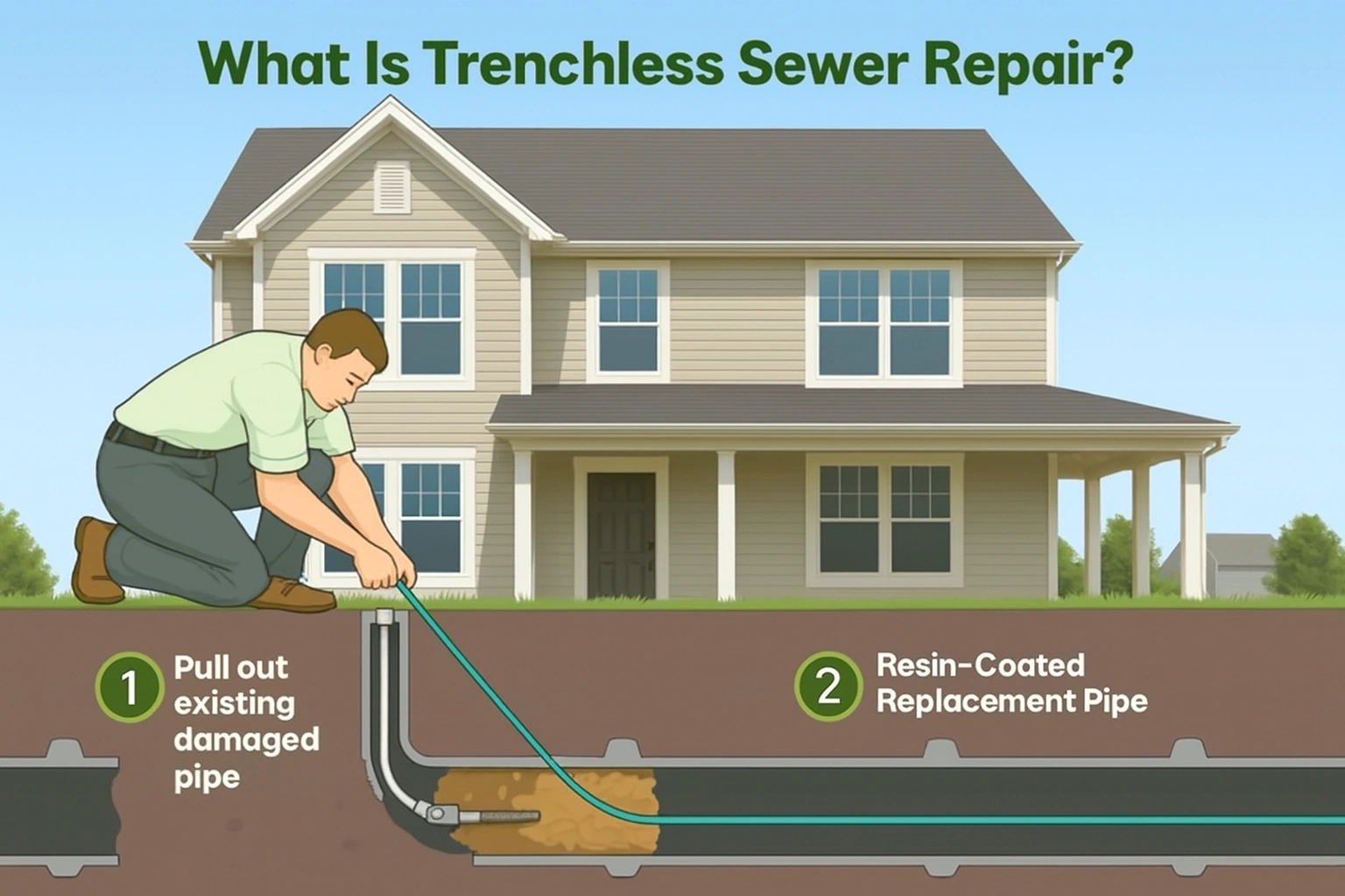 Illustration showing trenchless sewer repair with steps to pull out damaged pipe and install a resin-coated replacement pipe.