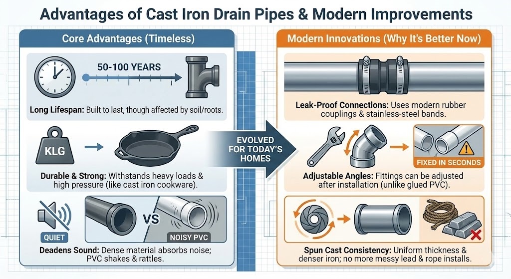 Illustration highlighting the advantages of cast iron drain pipes, including their 100-year lifespan, sound-dampening density, and modern leak-proof stainless steel connections.
