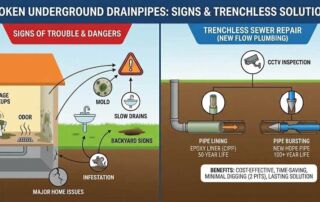 Infographic showing common signs of broken underground drainpipes and trenchless repair solutions like pipe lining and pipe bursting.
