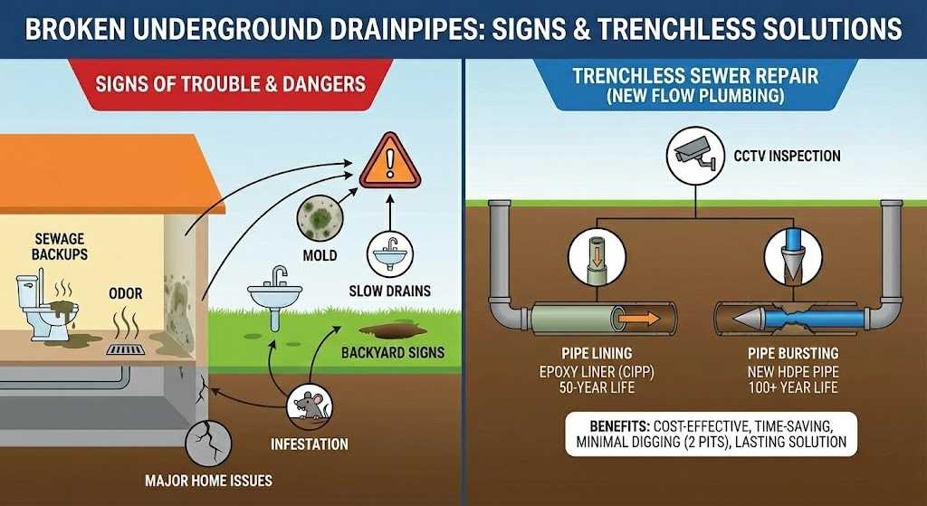 Infographic showing common signs of broken underground drainpipes and trenchless repair solutions like pipe lining and pipe bursting.
