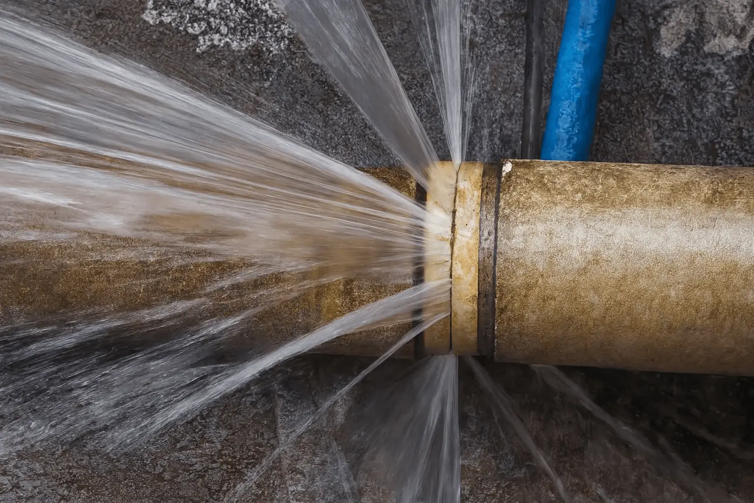 burst-water-pipe-leak-repair-service Close-up of a burst water pipe spraying under pressure, showing severe leakage that requires emergency pipe repair services