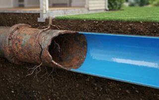 Cross-section of a buried cast iron drain pipe showing corrosion and tree root damage on the left compared to a smooth blue trenchless epoxy liner repair on the right.