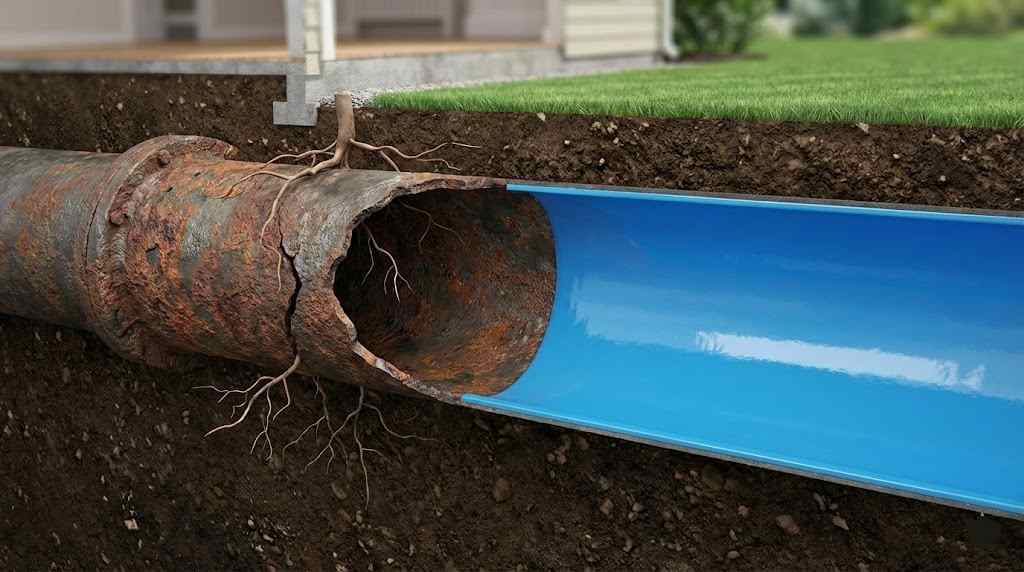 Cross-section of a buried cast iron drain pipe showing corrosion and tree root damage on the left compared to a smooth blue trenchless epoxy liner repair on the right.