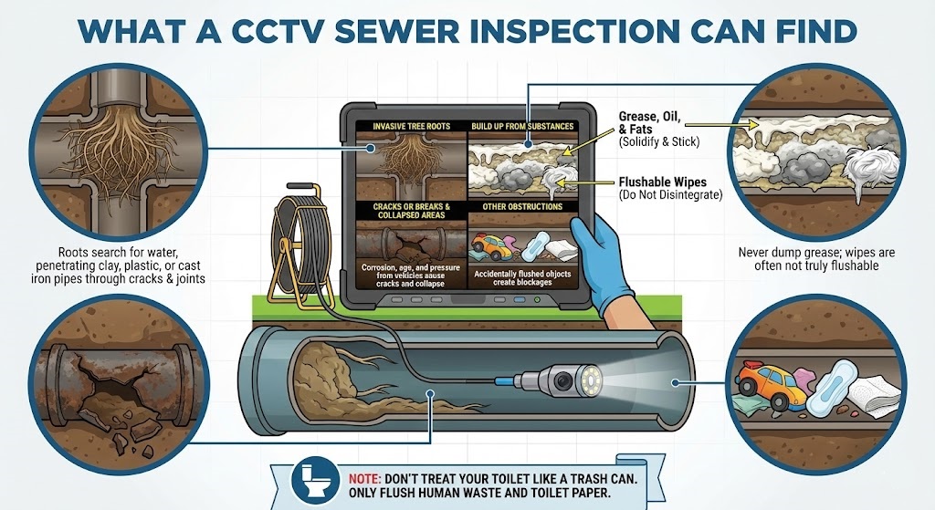 Infographic displaying common sewer pipe problems found during a CCTV inspection, including invasive tree roots, grease buildup, flushable wipes, and cracked cast iron pipes.