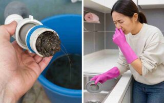 Split image showing a clogged sink pipe filled with debris on the left and a woman wearing pink gloves holding her nose from bad drain odor in the kitchen.