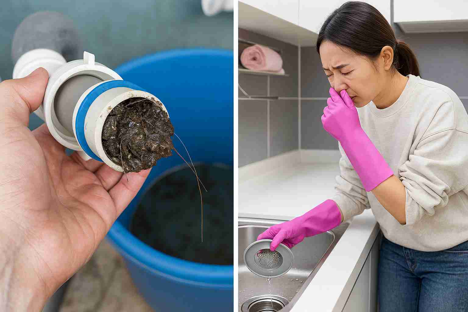 Split image showing a clogged sink pipe filled with debris on the left and a woman wearing pink gloves holding her nose from bad drain odor in the kitchen.