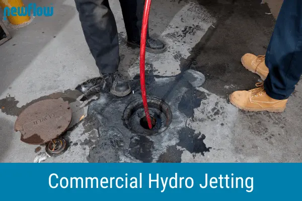 Technicians performing commercial hydro jetting with high-pressure hose to clean sewer line and remove blockages