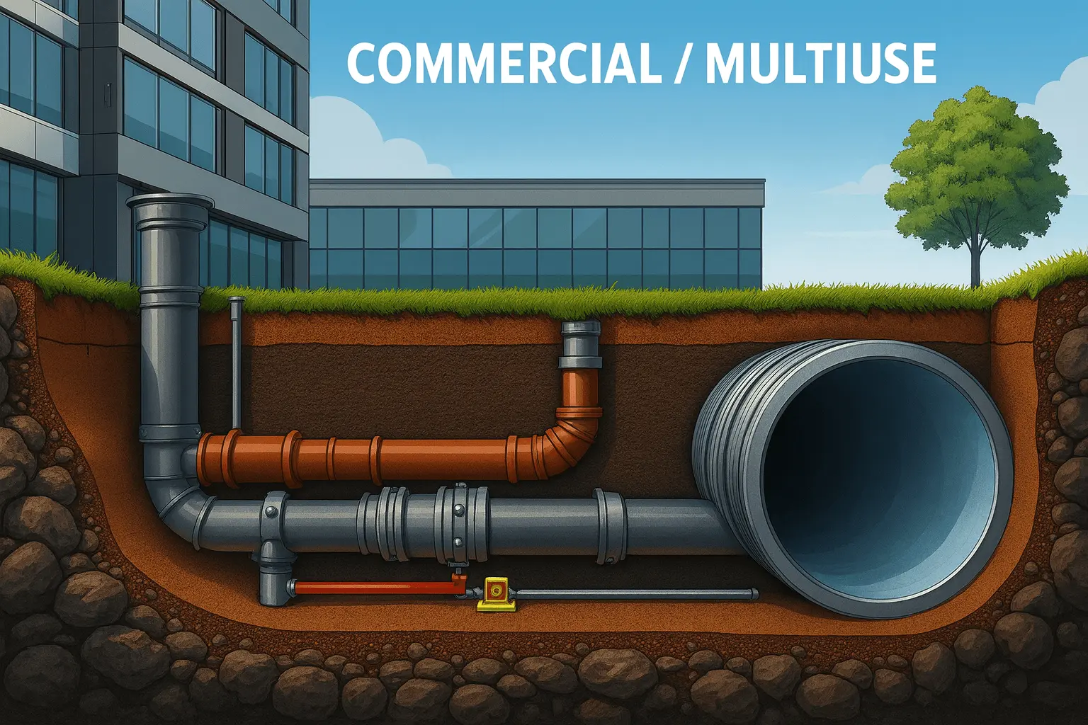 Cross-section illustration of a commercial and multi-use sewer pipe system beneath a modern building, showing multiple underground pipes, connectors, and utility lines with a landscaped surface above.