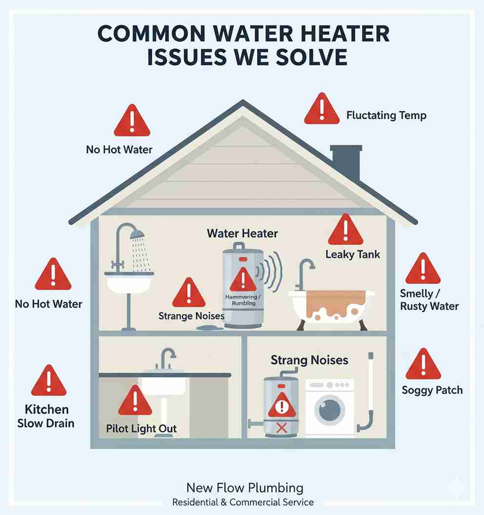 common-water-heater-issues-new-flow-plumbing Illustration of a house highlighting common residential and commercial water heater issues solved by New Flow Plumbing, including no hot water, leaky tank, strange rumbling noises, rusty water, pilot light out, and fluctuating temperatures.