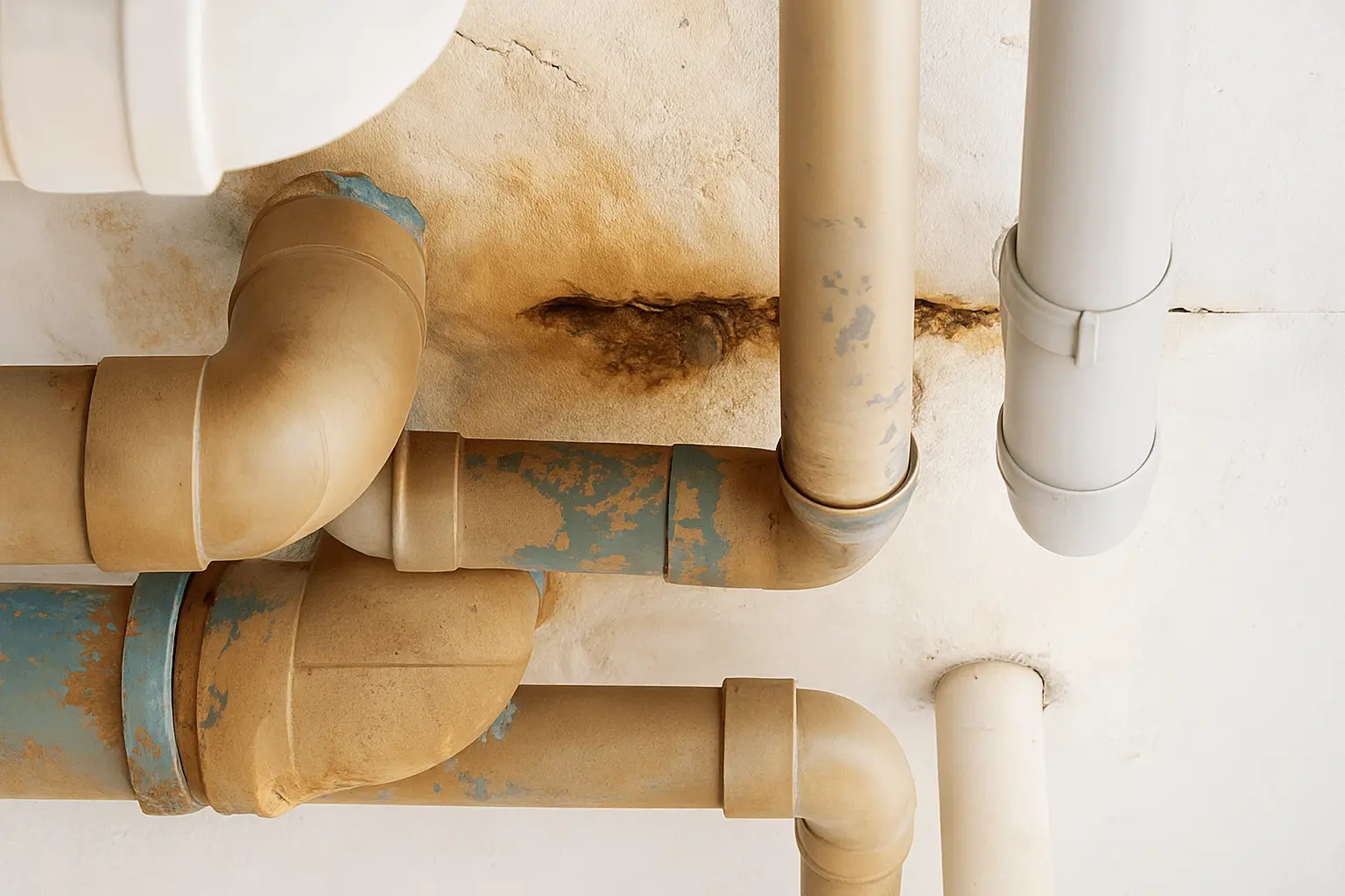 corroded-sewer-pipes-sign-need-pipe-bursting-repair Close-up of corroded and rust-stained sewer pipes on a ceiling, showing signs of damage that may require pipe bursting repair