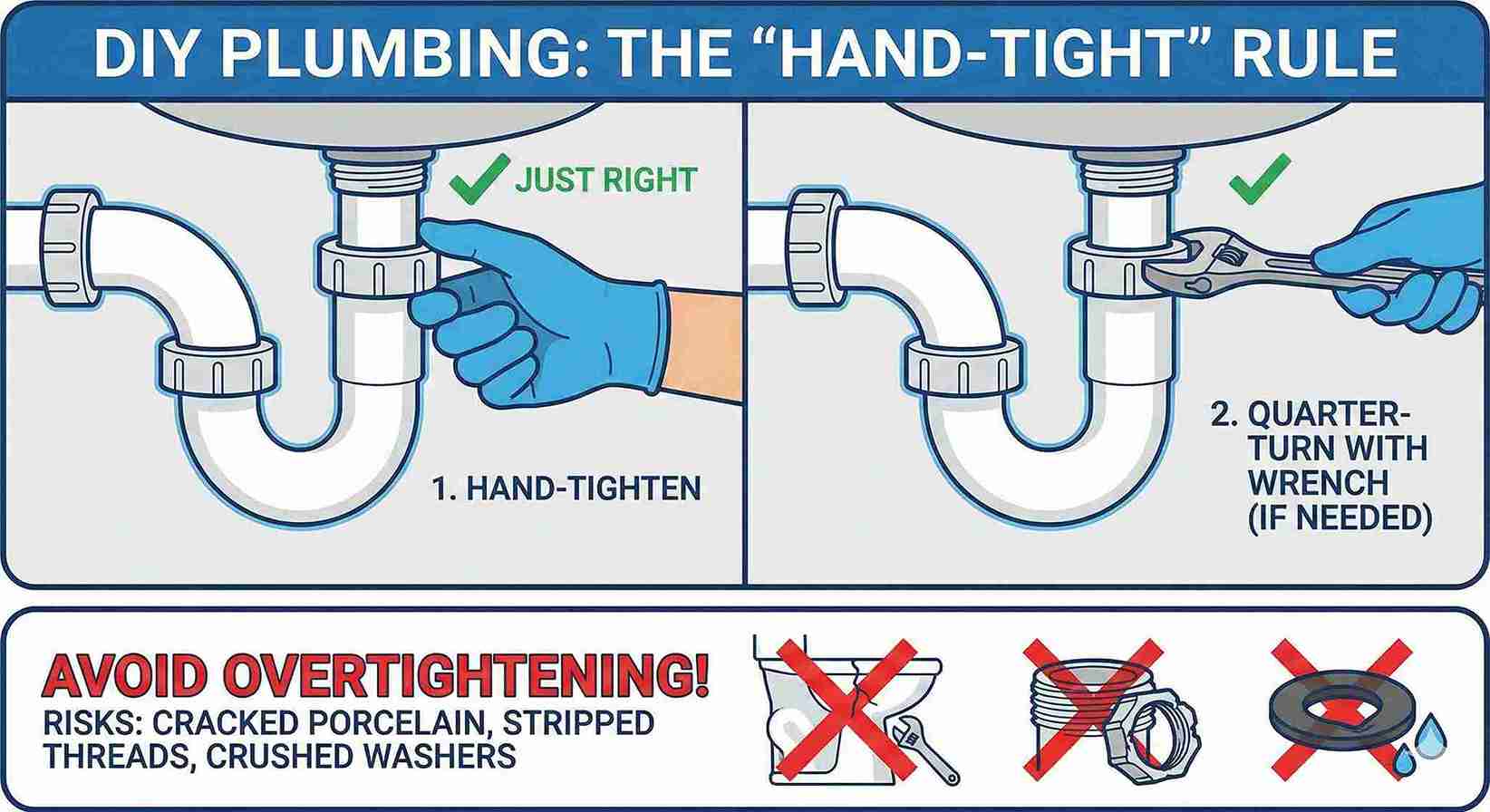 Infographic demonstrating the "Hand-Tight" rule for plumbing repairs: showing how to tighten fittings by hand and use a wrench for only a quarter-turn to avoid stripping threads or cracking porcelain.