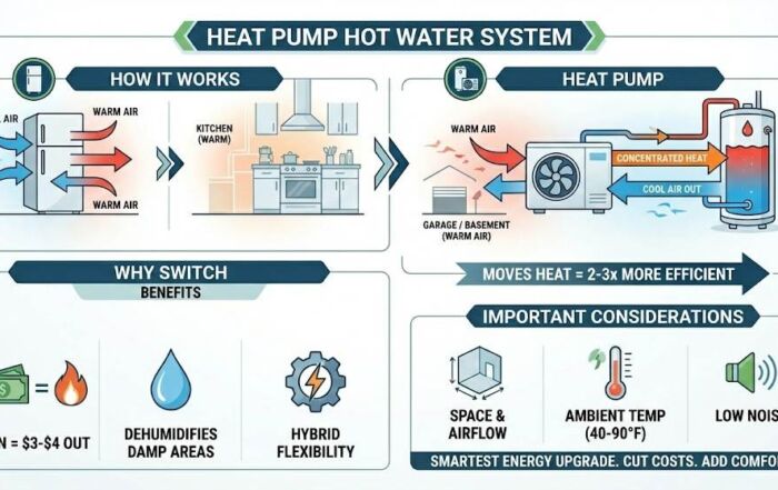 Infographic illustrating a Heat Pump Hot Water System, explaining its operation by moving heat from surrounding warm air into a water tank for 2-3x greater efficiency. The graphic details the benefits of switching, including significant cost savings ($1 input equals $3-$4 output), dehumidification of damp areas, and hybrid flexibility. It also outlines important installation considerations such as space and airflow requirements, optimal ambient temperature range (40-90°F), and low noise levels.