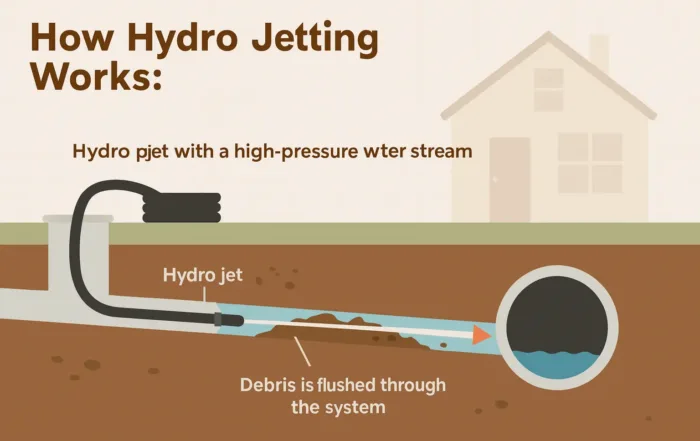 Illustration showing how hydro jetting works, with high pressure water blasting through a sewer pipe to remove clogs and flush debris out of the system beneath a home.
