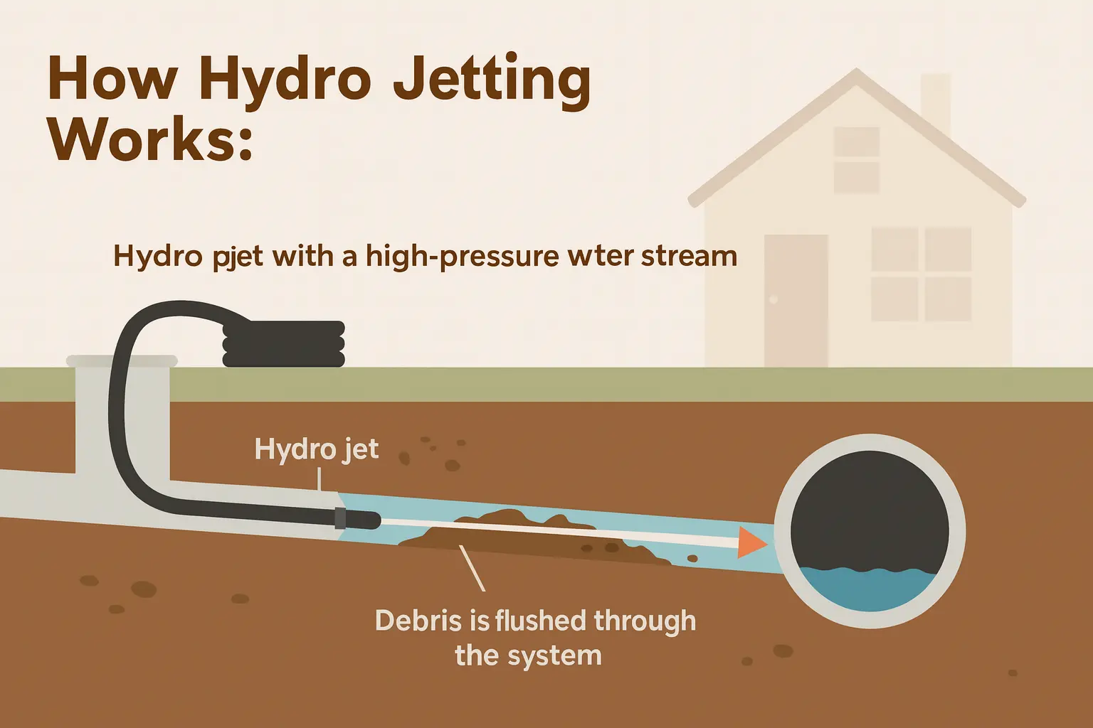 Illustration showing how hydro jetting works, with high pressure water blasting through a sewer pipe to remove clogs and flush debris out of the system beneath a home.