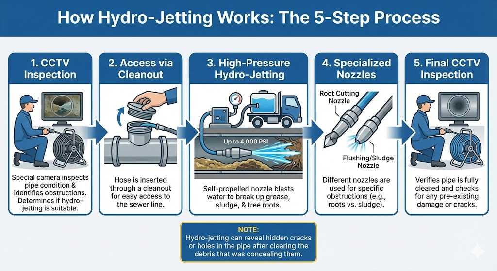 Infographic illustrating the five steps of the hydro-jetting process: 1) CCTV inspection of the pipe, 2) accessing the pipe via a cleanout, 3) using high-pressure water up to 4,000 PSI to clear obstructions like grease and roots, 4) utilizing specialized nozzles for different types of clogs, and 5) a final CCTV inspection to verify the cleaning.
