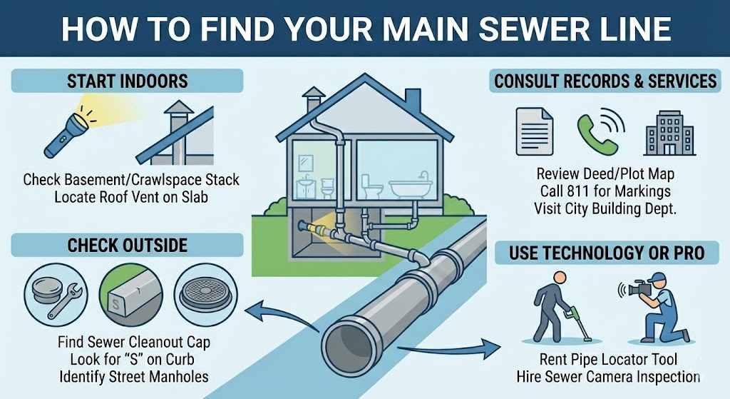 Infographic showing 4 methods to locate a home's main sewer line.