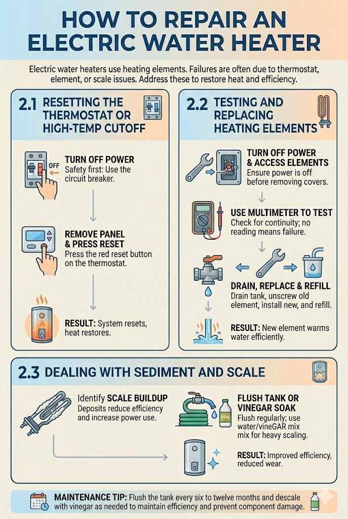 Visual guide for repairing an electric water heater, showing how to reset the thermostat, test and replace faulty heating elements, and flush out sediment and scale to restore efficiency.