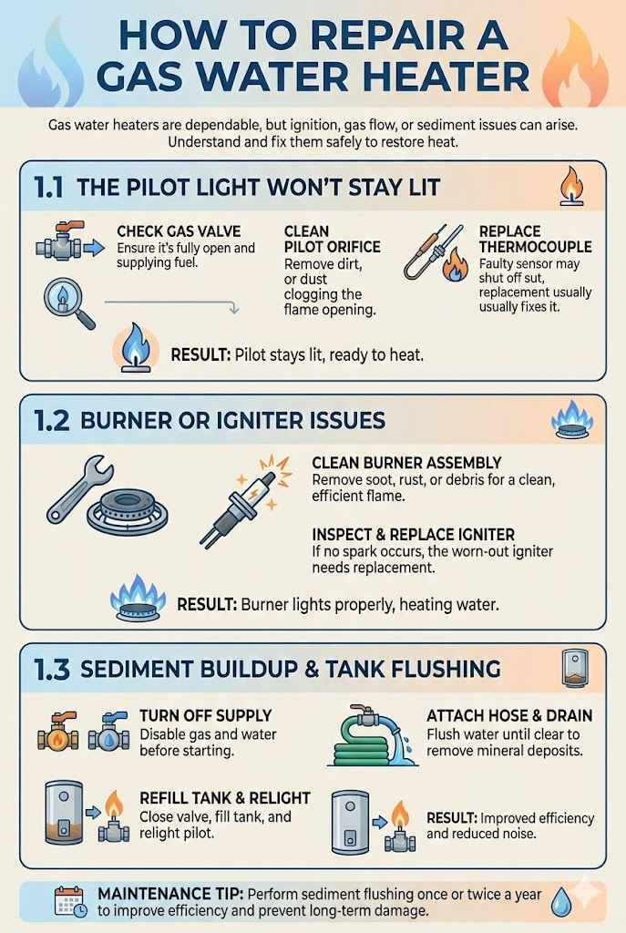 Vertical infographic titled How To Repair A Gas Water Heater, illustrating three common fixes: troubleshooting a pilot light that won't stay lit, cleaning the burner and igniter, and flushing the tank to remove sediment buildup.