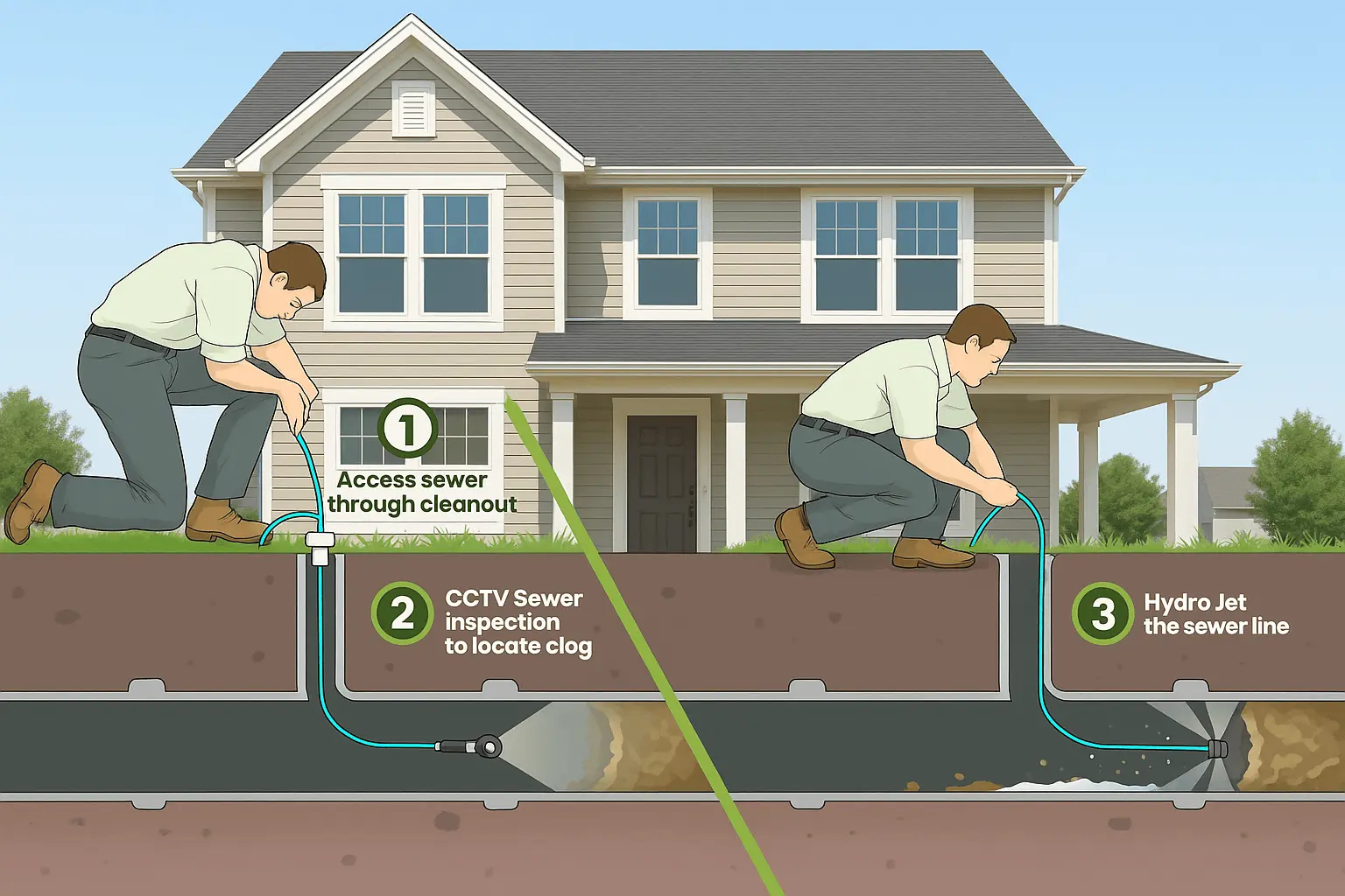 Illustration of hydro jetting procedure showing plumber accessing sewer cleanout, using CCTV inspection, and clearing sewer line in front of a residential home