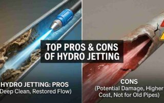 A comparison graphic illustrating the top pros and cons of hydro jetting pipes. The left side shows a deep clean restoring flow, while the right side highlights risks like potential damage to fragile, older pipes.