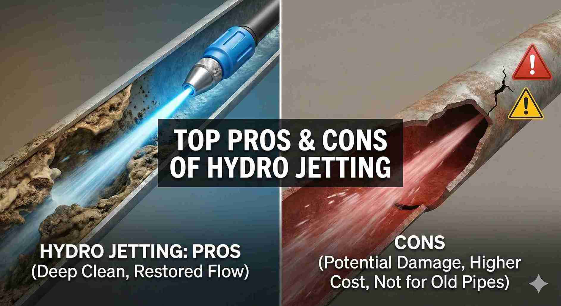 A comparison graphic illustrating the top pros and cons of hydro jetting pipes. The left side shows a deep clean restoring flow, while the right side highlights risks like potential damage to fragile, older pipes.