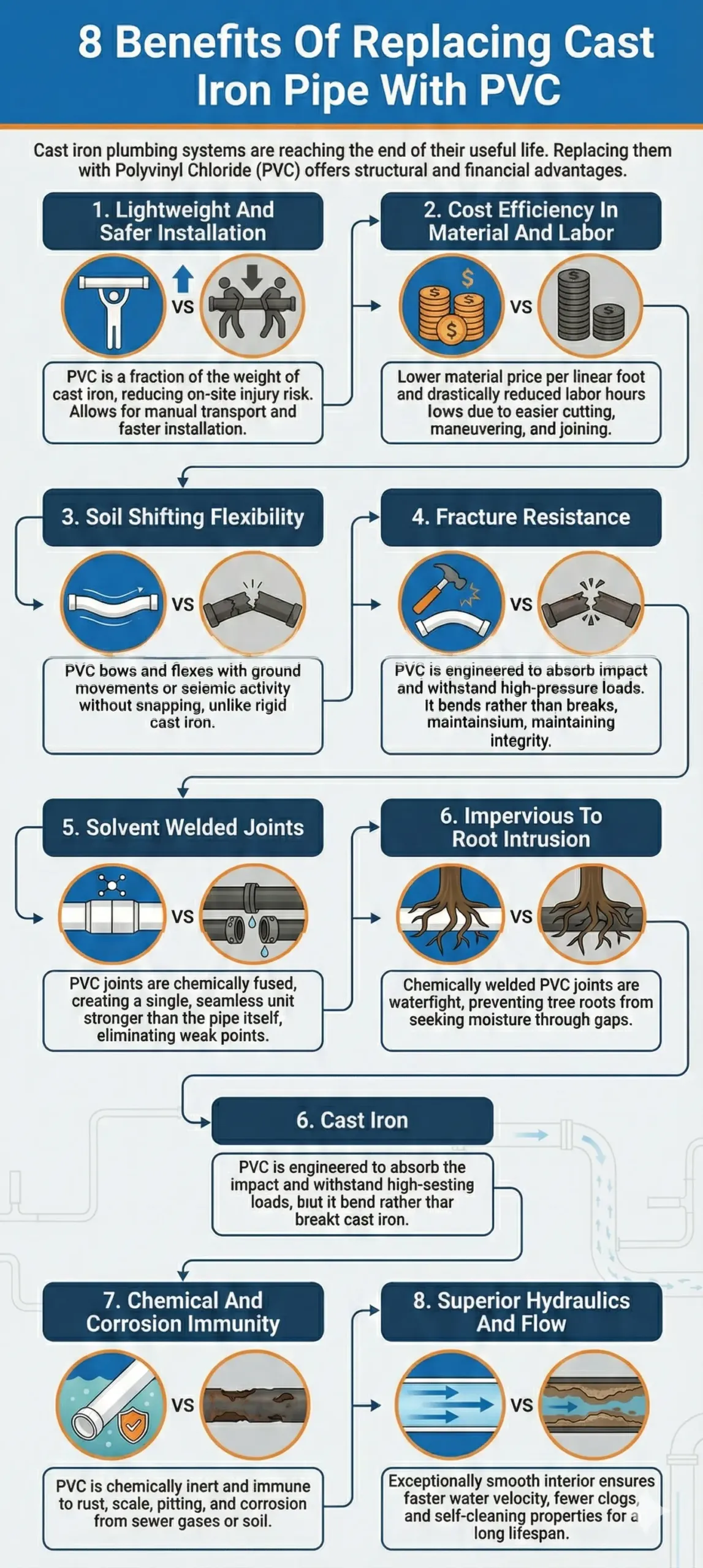 Infographic titled '8 Benefits Of Replacing Cast Iron Pipe With PVC' illustrating the advantages of PVC over old cast iron plumbing. It details eight comparison points including lighter installation, cost efficiency, flexibility against soil shifting, fracture resistance, watertight welded joints, imperviousness to tree roots, immunity to corrosion, and superior water flow.
