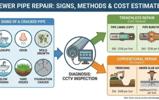 Infographic illustrating sewer pipe repair diagnostic steps and costs. It details signs of a cracked pipe like backups and odors, shows diagnosis via CCTV inspection, and compares estimated costs per foot for trenchless repair methods (pipe lining and bursting ranging from $60-$250) versus conventional excavation repair ($50-$450, plus additional costs for under-slab access).