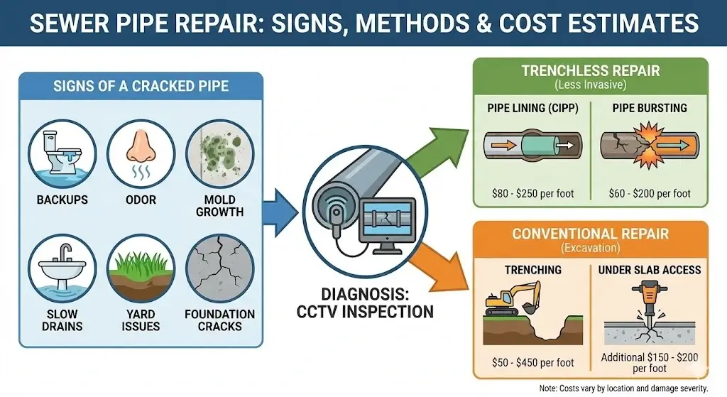 Infographic illustrating sewer pipe repair diagnostic steps and costs. It details signs of a cracked pipe like backups and odors, shows diagnosis via CCTV inspection, and compares estimated costs per foot for trenchless repair methods (pipe lining and bursting ranging from $60-$250) versus conventional excavation repair ($50-$450, plus additional costs for under-slab access).