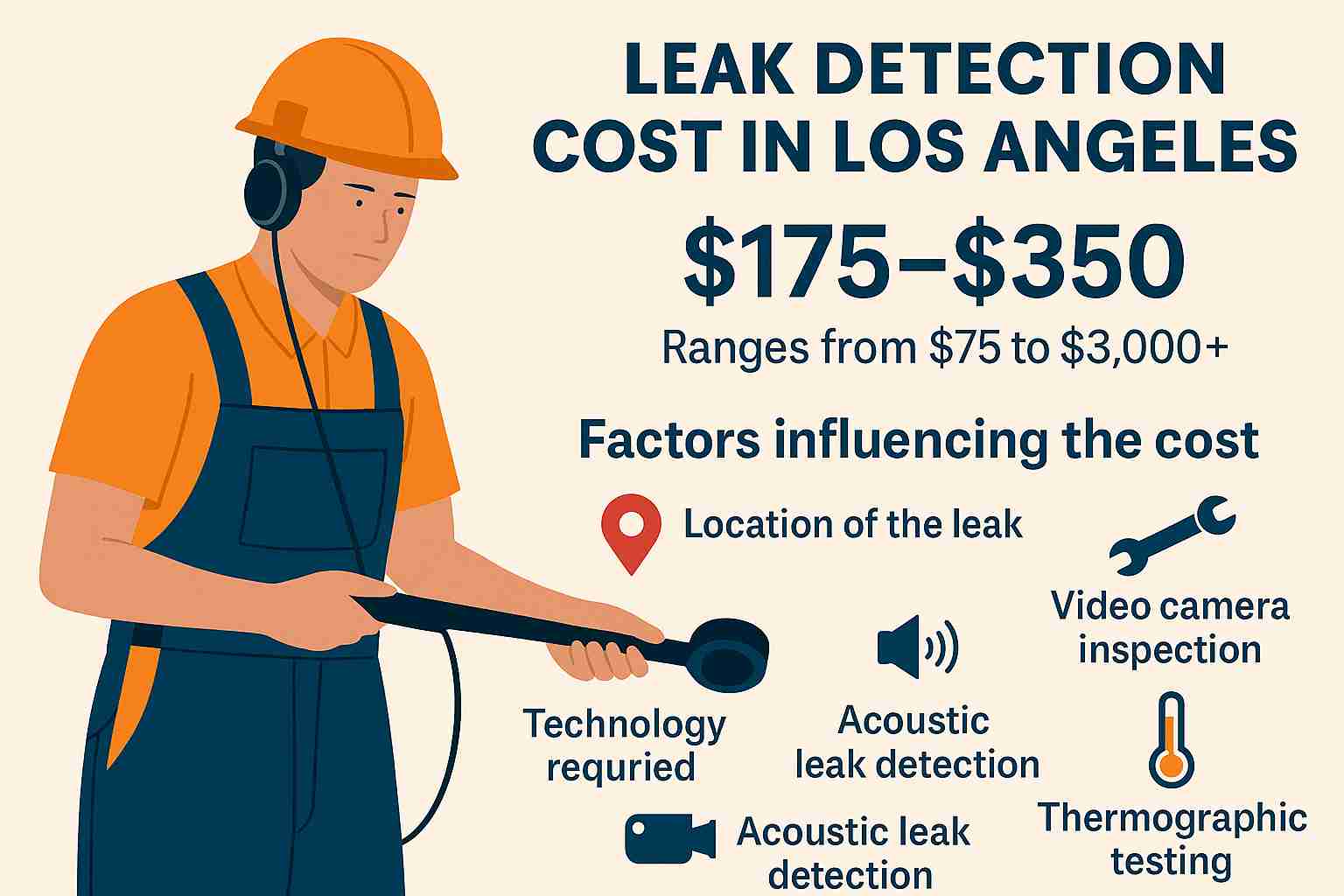 leak-detection-cost-breakdown-los-angeles Infographic showing average and detailed cost ranges for professional leak detection services in Los Angeles, including video camera, smoke, acoustic, and thermal testing methods.