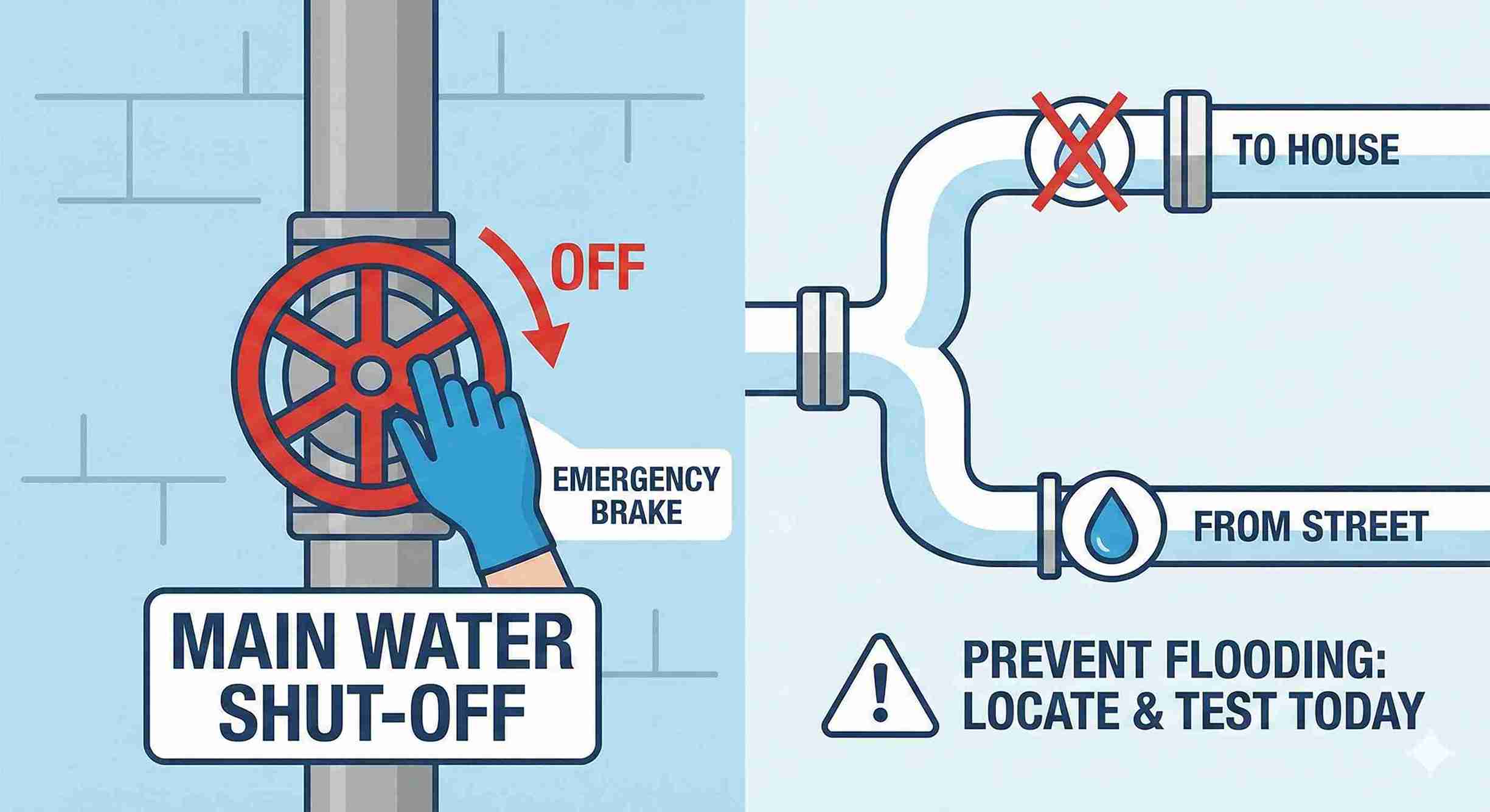 Illustration showing how to locate and turn off the main water shut-off valve to prevent flooding during a plumbing emergency.