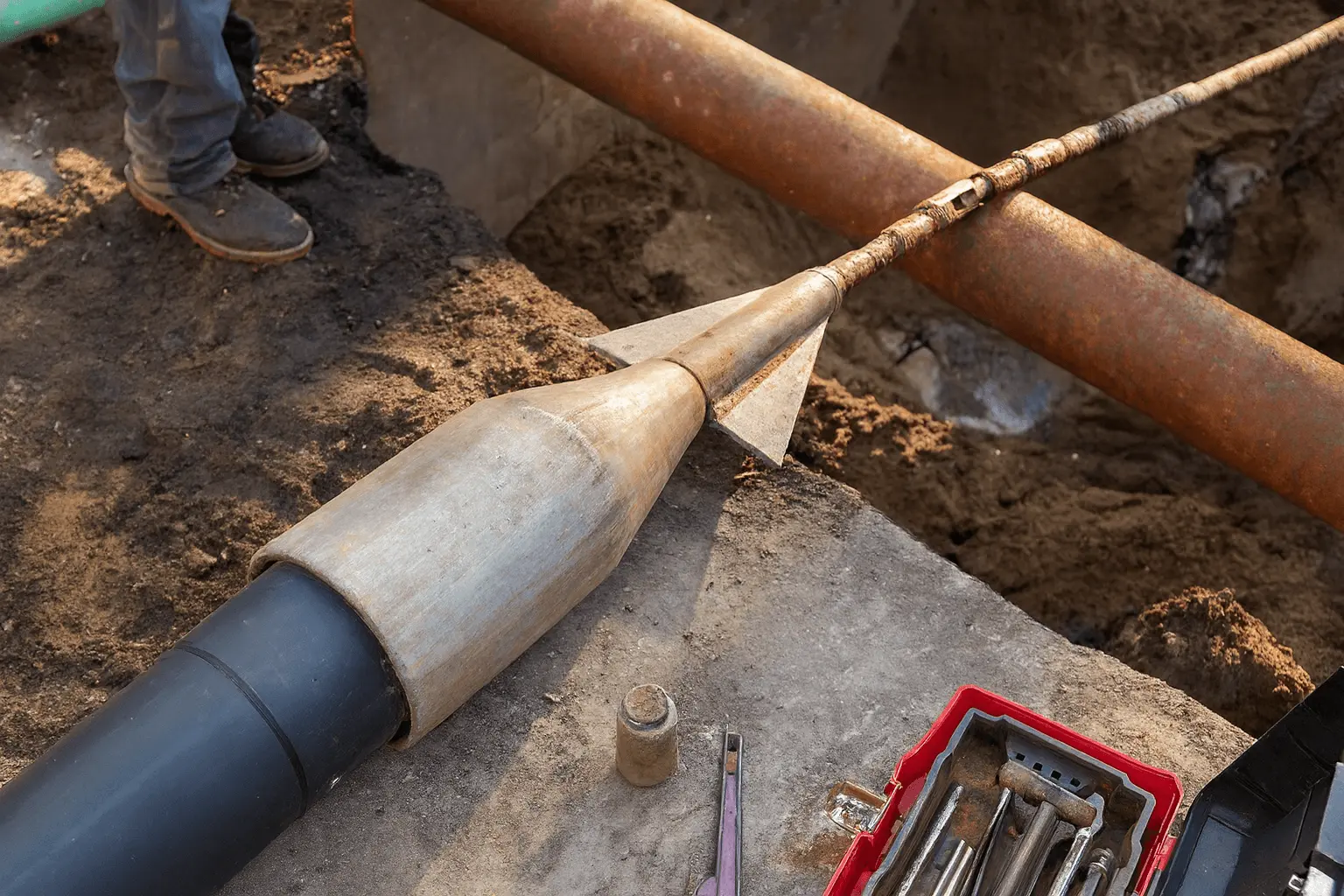 pipe-bursting-hdpe-sewer-line-replacement-construction-site Close-up of a pipe bursting operation at a construction site, showing bursting head pulling new HDPE sewer pipe to replace old line