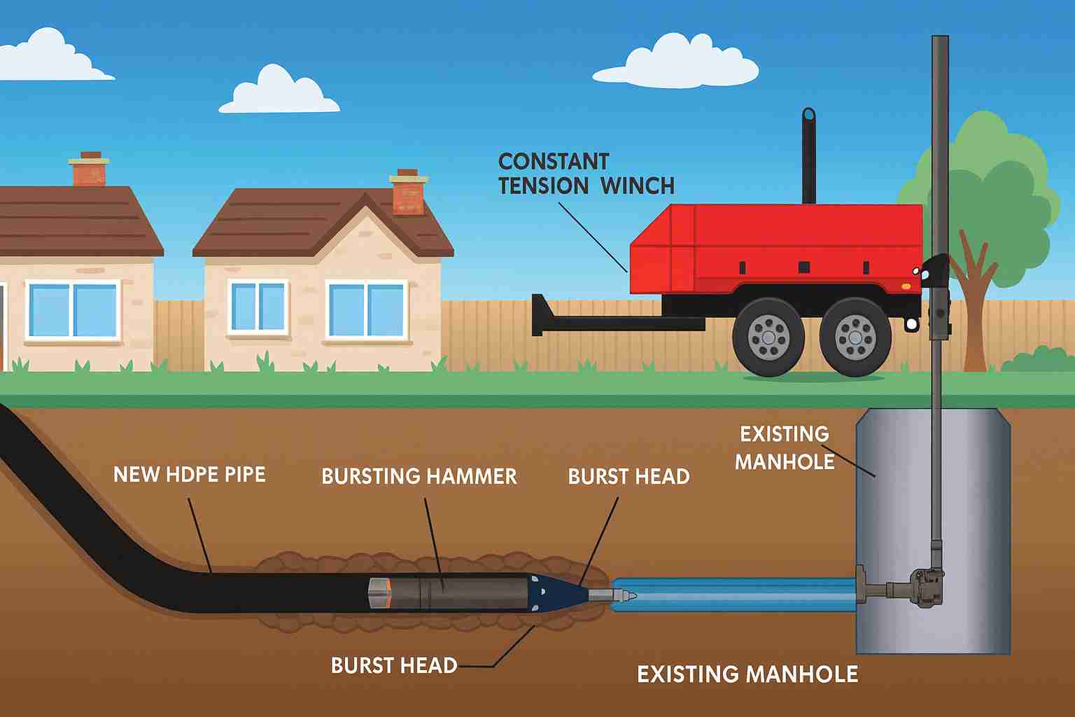 pipe-bursting-residential-trenchless-sewer-replacement-usa Illustration of trenchless pipe bursting for residential sewer line replacement in the USA, showing new HDPE pipe installation without digging