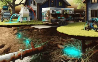 Trenchless pipe lining repair process showing underground sewer pipes with damage and new epoxy lining installation near residential homes.