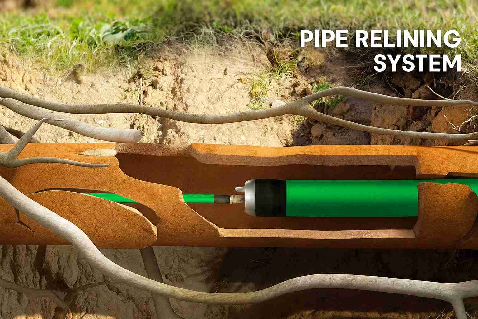 Cross-sectional illustration showing a damaged clay sewer pipe with tree root intrusion and a green epoxy liner being installed inside, demonstrating the pipe relining system.