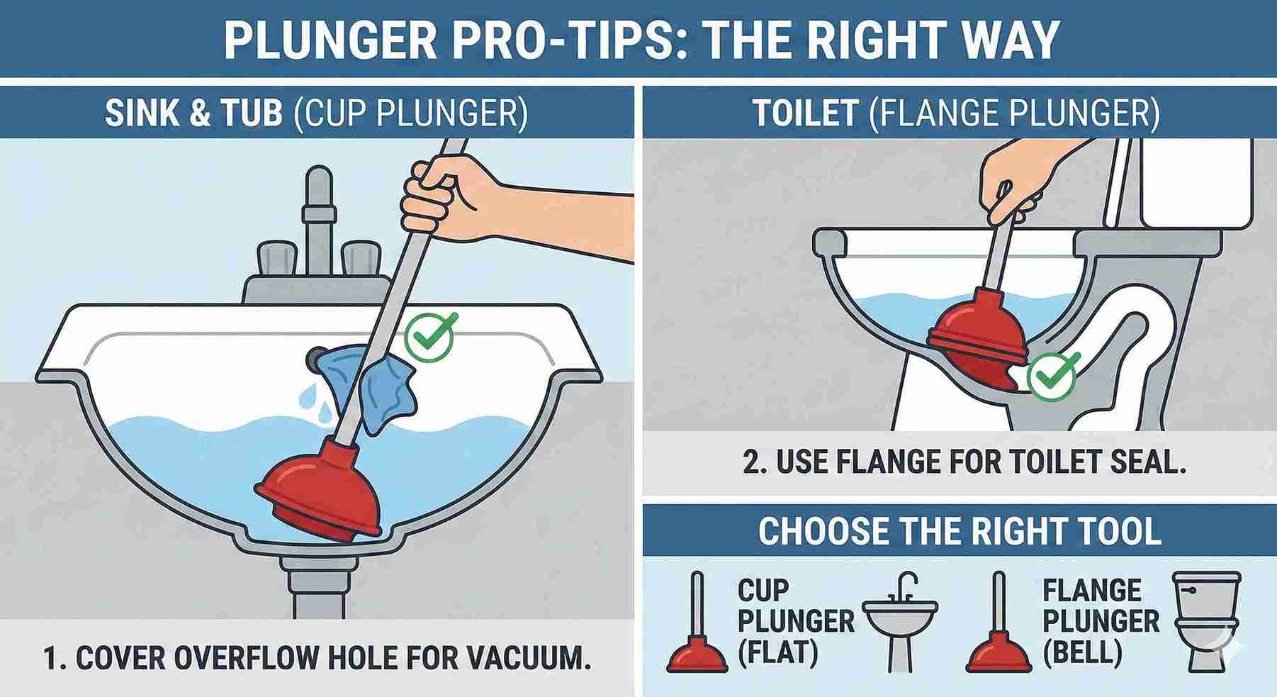 Infographic illustrating plunger pro-tips: use a cup plunger (flat) for sinks and tubs, covering the overflow hole to create a vacuum, and use a flange plunger (bell) for toilets to create a seal.