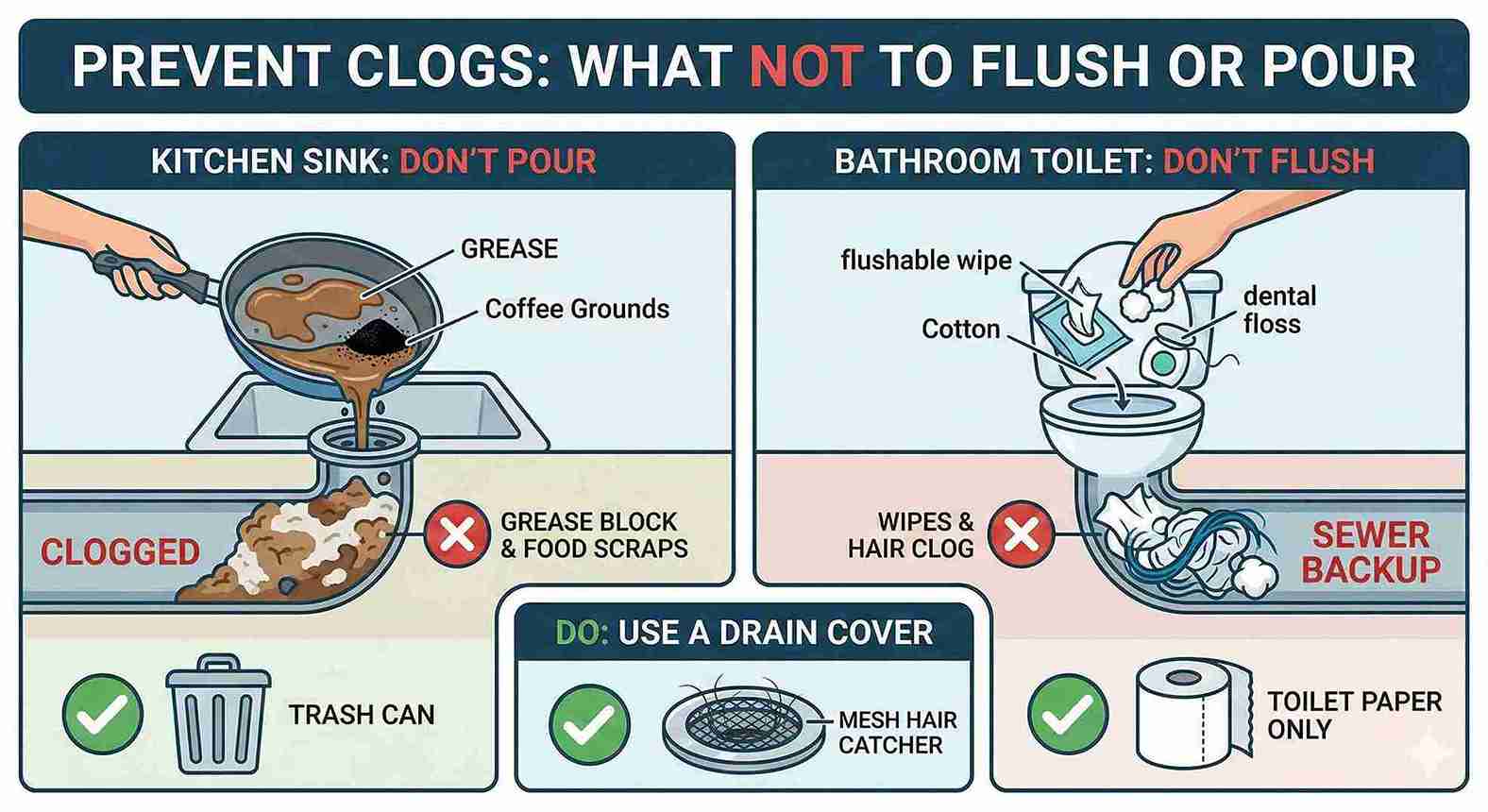 Infographic guide illustrating what not to pour down drains, such as grease and coffee grounds, and what not to flush, like wipes and cotton, to avoid plumbing clogs and sewer backups.