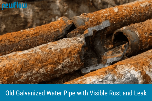 Old galvanized water pipe leak with severe rust and corrosion damage