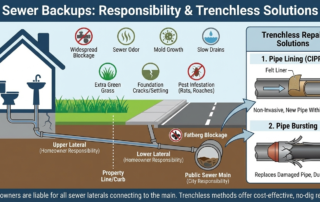 Infographic illustrating city vs. homeowner sewer responsibility, diagram of sewer laterals, warning signs of failure, and trenchless repair solutions.