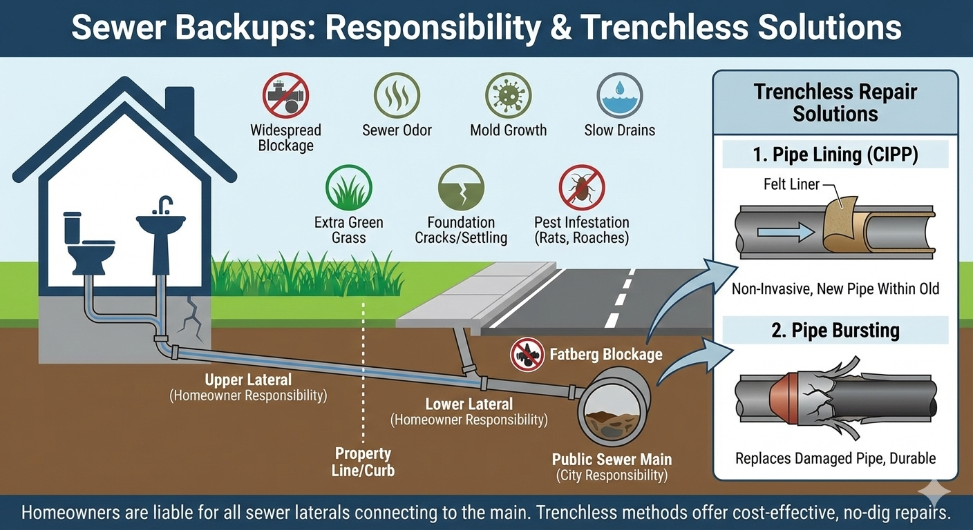 Infographic illustrating city vs. homeowner sewer responsibility, diagram of sewer laterals, warning signs of failure, and trenchless repair solutions.