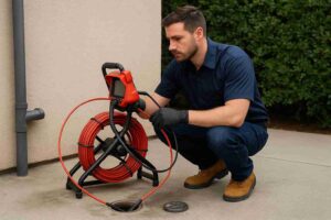 Professional plumber using a sewer inspection camera outside a residential home in La Crescenta, CA