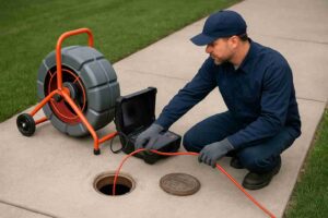 Plumber in Mission Hills using a sewer camera to inspect a residential drain line outdoors